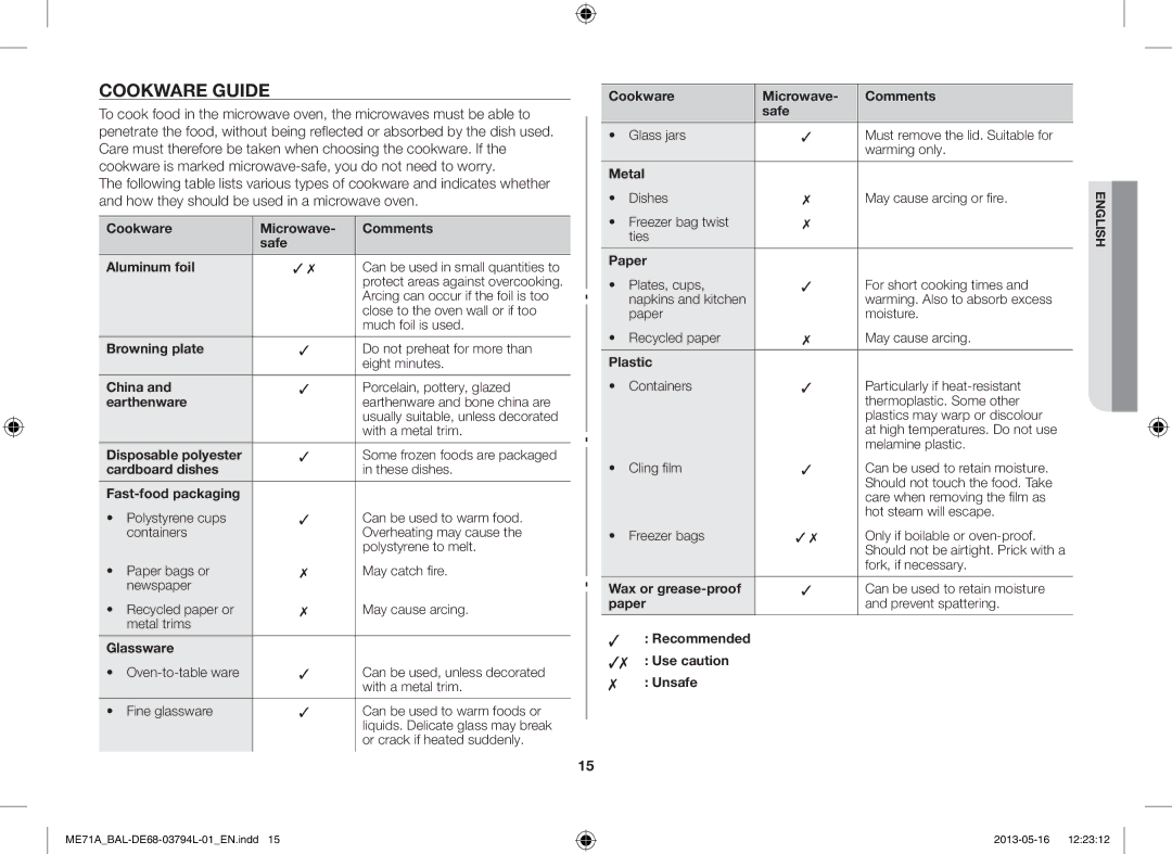 Samsung ME71A/BAL manual Cookware Guide 