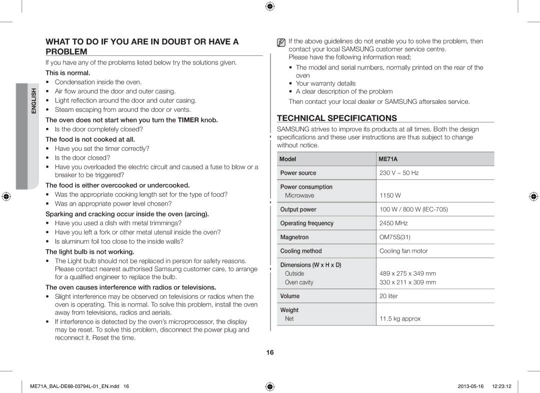 Samsung ME71A/BAL manual What to do if YOU are in Doubt or have a Problem, Technical Specifications, Model 