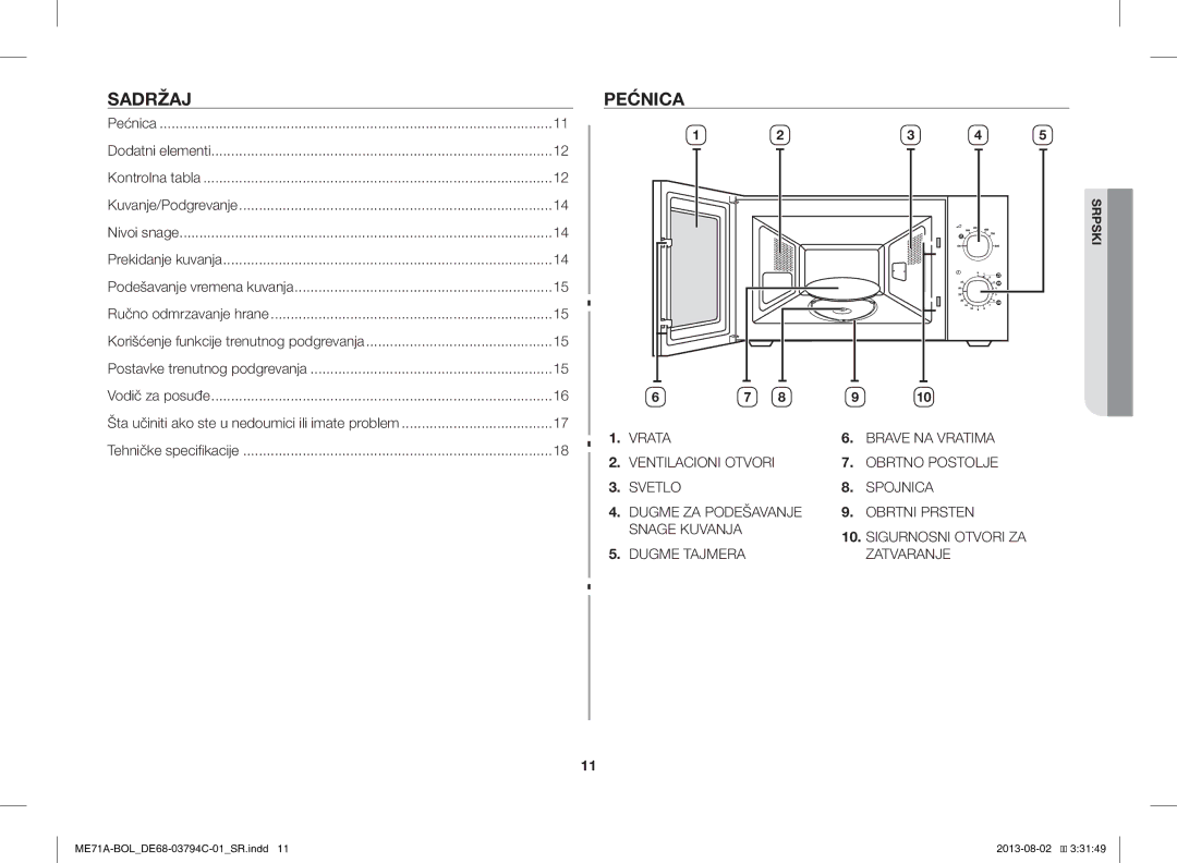 Samsung ME71A/BOL manual Dugme Tajmera Zatvaranje 