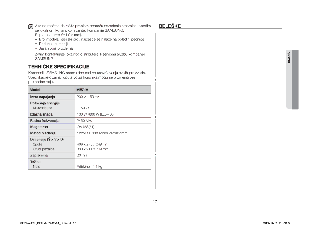 Samsung ME71A/BOL manual Beleške, Tehničke Specifikacije 