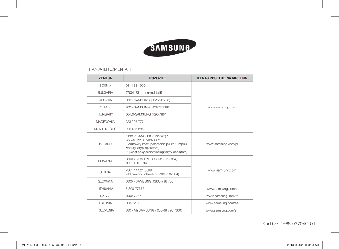 Samsung ME71A/BOL manual Kôd br. DE68-03794C-01 