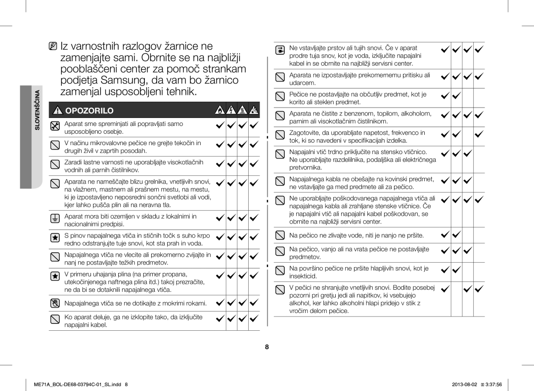 Samsung ME71A/BOL manual Opozorilo 