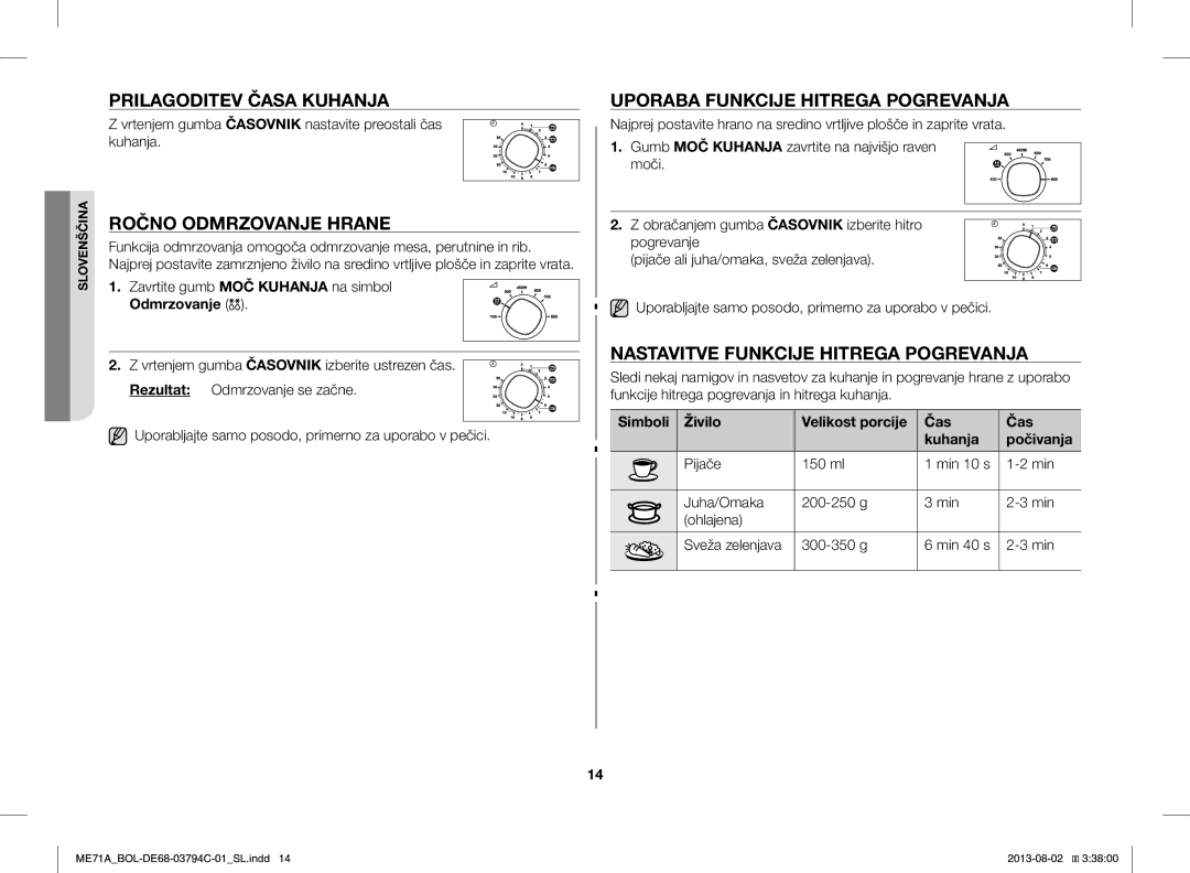 Samsung ME71A/BOL manual Prilagoditev Časa Kuhanja, Ročno Odmrzovanje Hrane, Uporaba Funkcije Hitrega Pogrevanja 