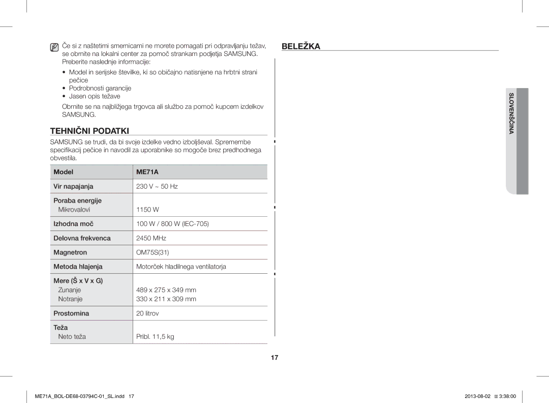 Samsung ME71A/BOL manual Beležka, Tehnični Podatki 