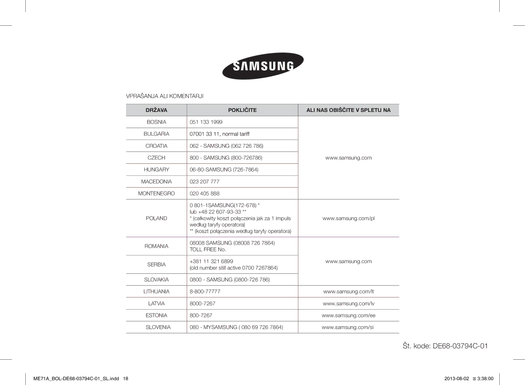 Samsung ME71A/BOL manual Št. kode DE68-03794C-01 