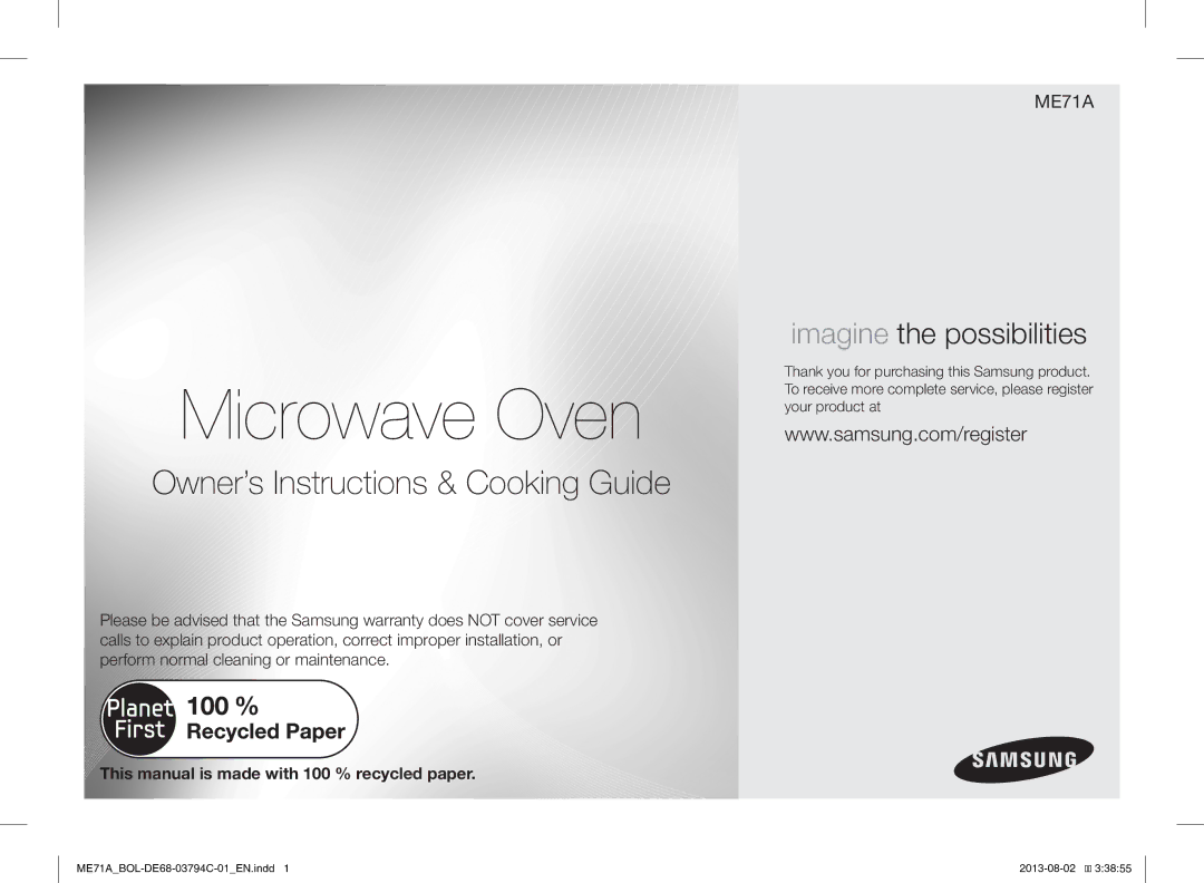 Samsung ME71A/BOL manual Microwave Oven 