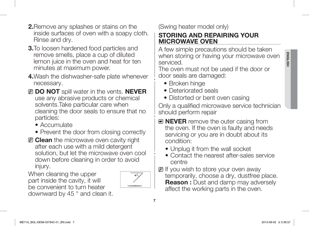 Samsung ME71A/BOL manual Storing and Repairing Your Microwave Oven 