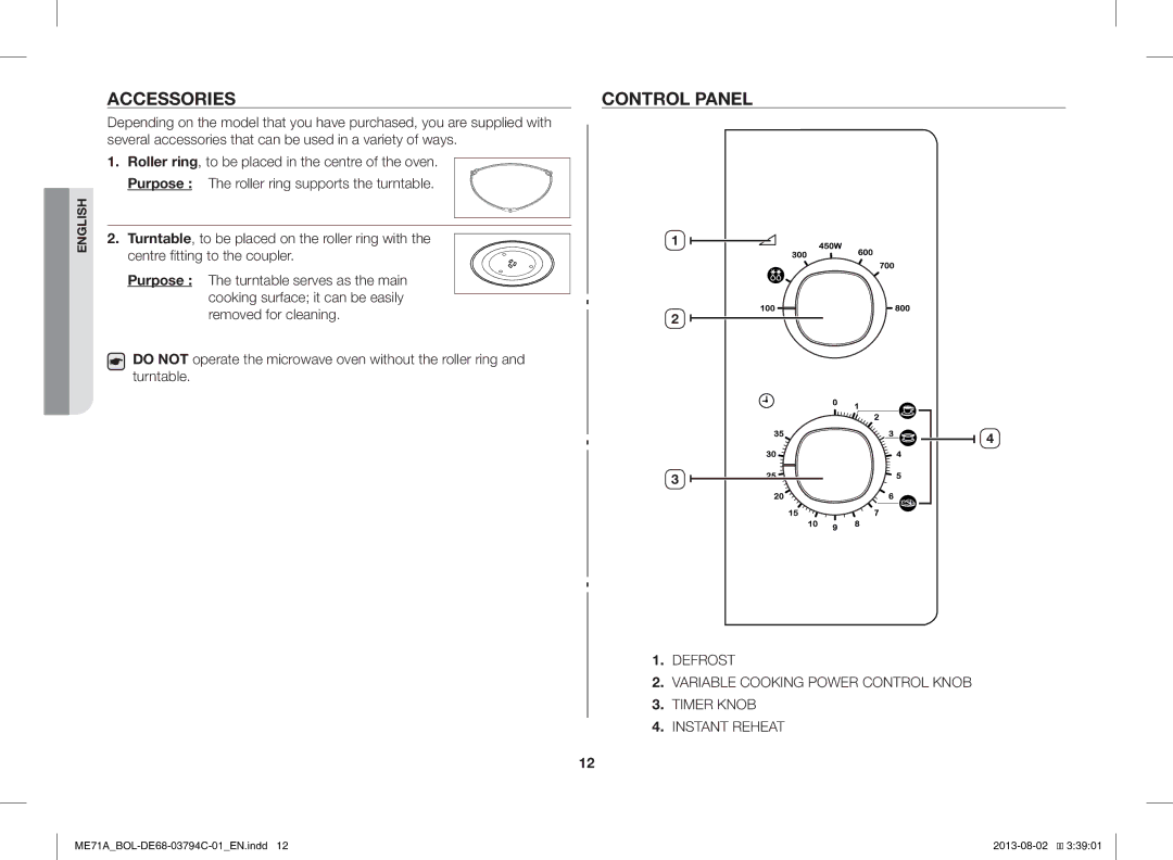 Samsung ME71A/BOL manual Accessories, Control Panel 