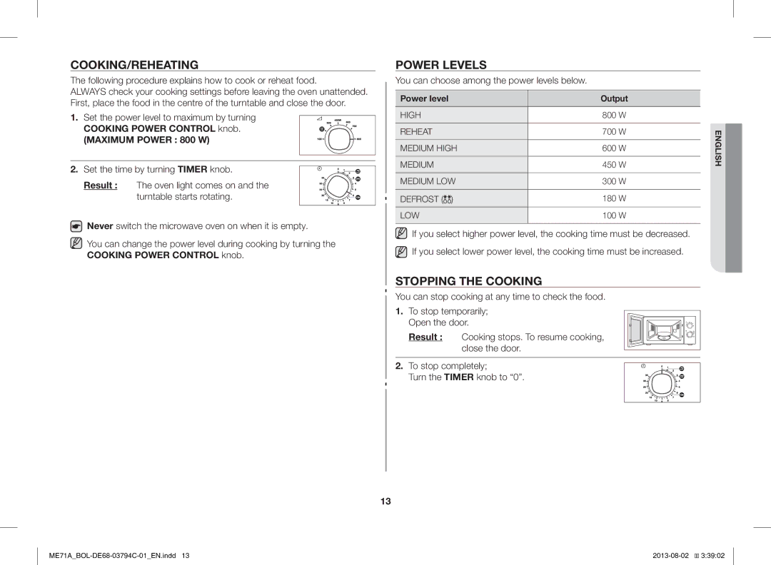 Samsung ME71A/BOL manual Cooking/Reheating, Power Levels, Stopping the Cooking, You can choose among the power levels below 