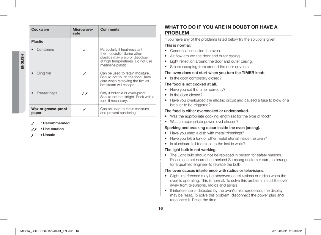 Samsung ME71A/BOL manual What to do if YOU are in Doubt or have a Problem, Cookware Microwave Comments Safe Plastic 