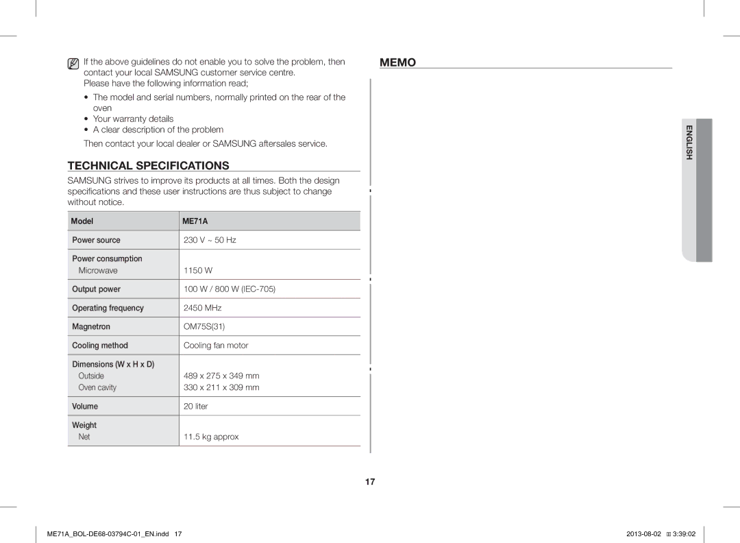 Samsung ME71A/BOL manual Memo, Technical Specifications 