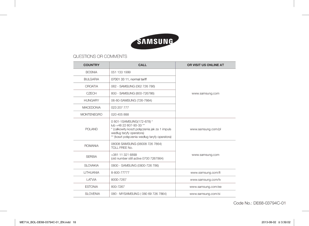 Samsung ME71A/BOL manual Code No. DE68-03794C-01 