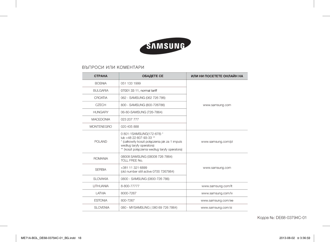 Samsung ME71A/BOL manual Кодов DE68-03794C-01, Ctpaha Oбадете СЕ ИЛИ НИ Посетете Онлайн НА 