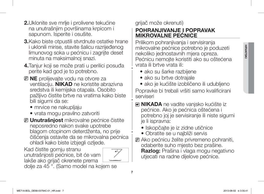 Samsung ME71A/BOL manual Pohranjivanje I Popravak Mikrovalne Pećnice 