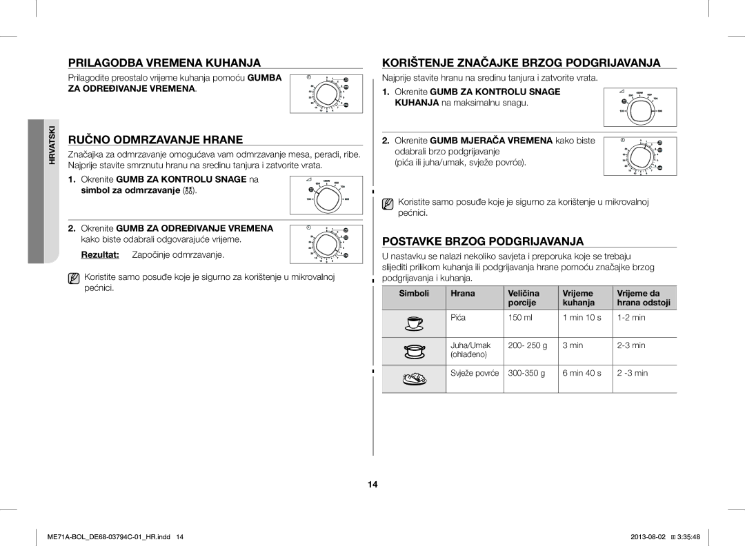 Samsung ME71A/BOL manual Prilagodba Vremena Kuhanja, Ručno Odmrzavanje Hrane, Korištenje Značajke Brzog Podgrijavanja 