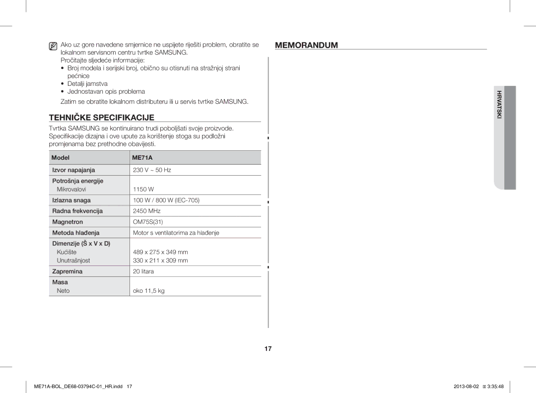 Samsung ME71A/BOL manual Memorandum, Tehničke Specifikacije, Model 