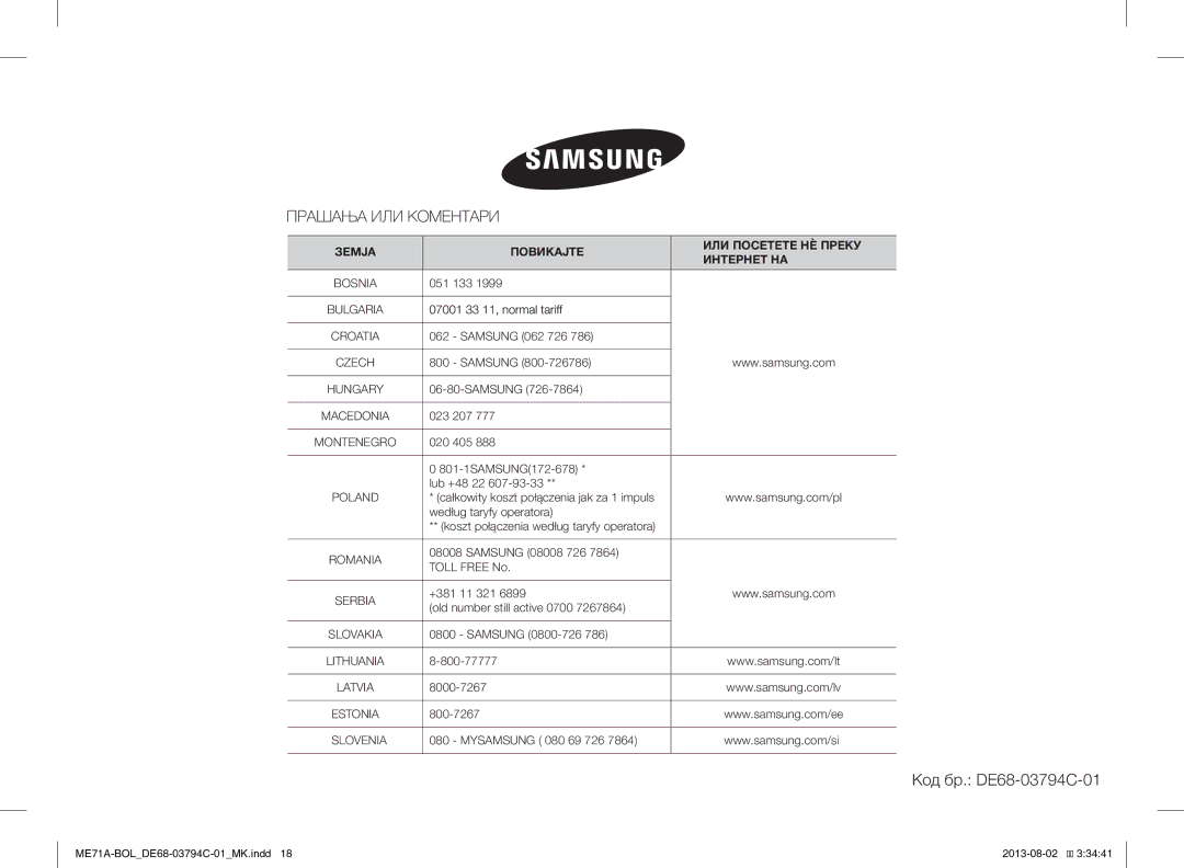 Samsung ME71A/BOL manual Код бр. DE68-03794C-01 