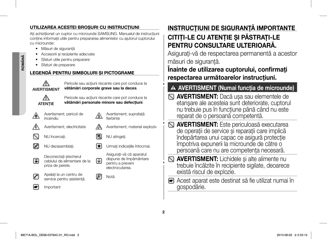 Samsung ME71A/BOL manual Reparat de o persoană competentă, Utilizarea Acestei Broşuri CU Instrucţiuni 