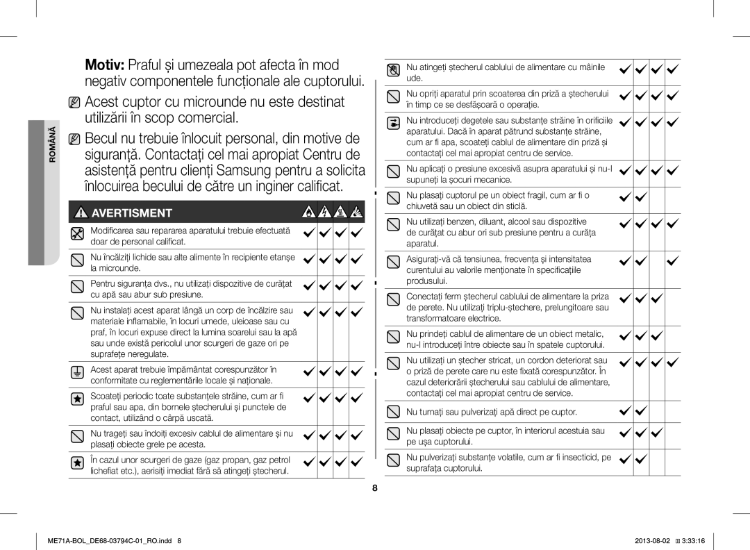 Samsung ME71A/BOL manual Avertisment 