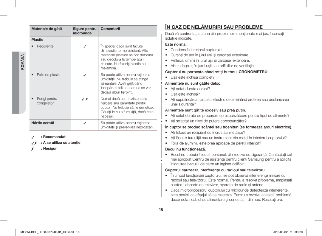 Samsung ME71A/BOL manual ÎN CAZ DE Nelămuriri SAU Probleme, Hârtie cerată, Recomandat Se utiliza cu atenţie Nesigur 