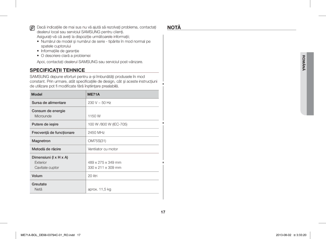 Samsung ME71A/BOL manual Notă, Specificaţii Tehnice 