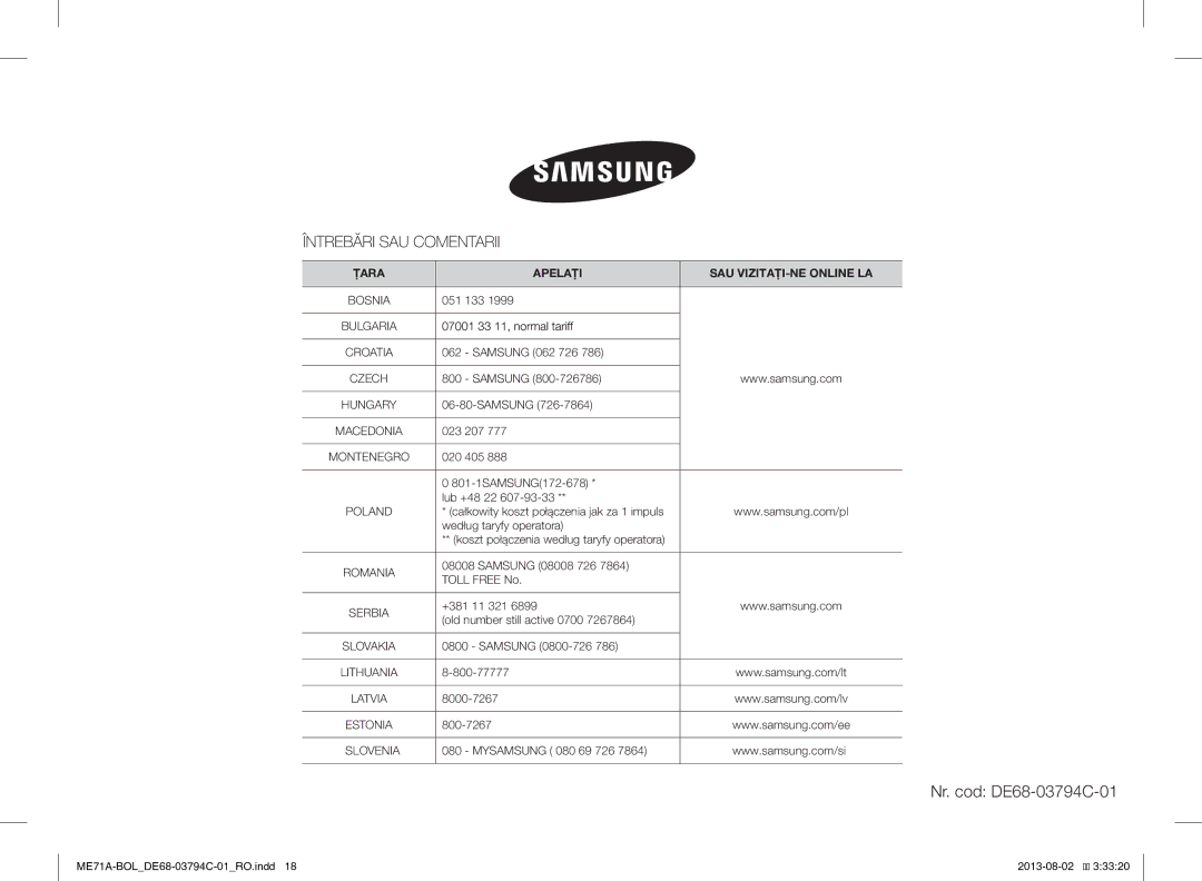 Samsung ME71A/BOL manual Nr. cod DE68-03794C-01 