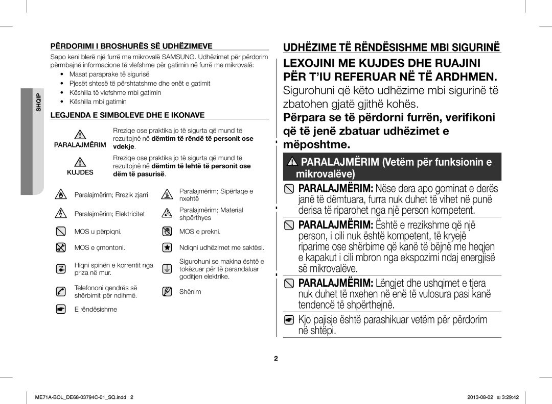 Samsung ME71A/BOL manual Kjo pajisje është parashikuar vetëm për përdorim në shtëpi, Shënim 