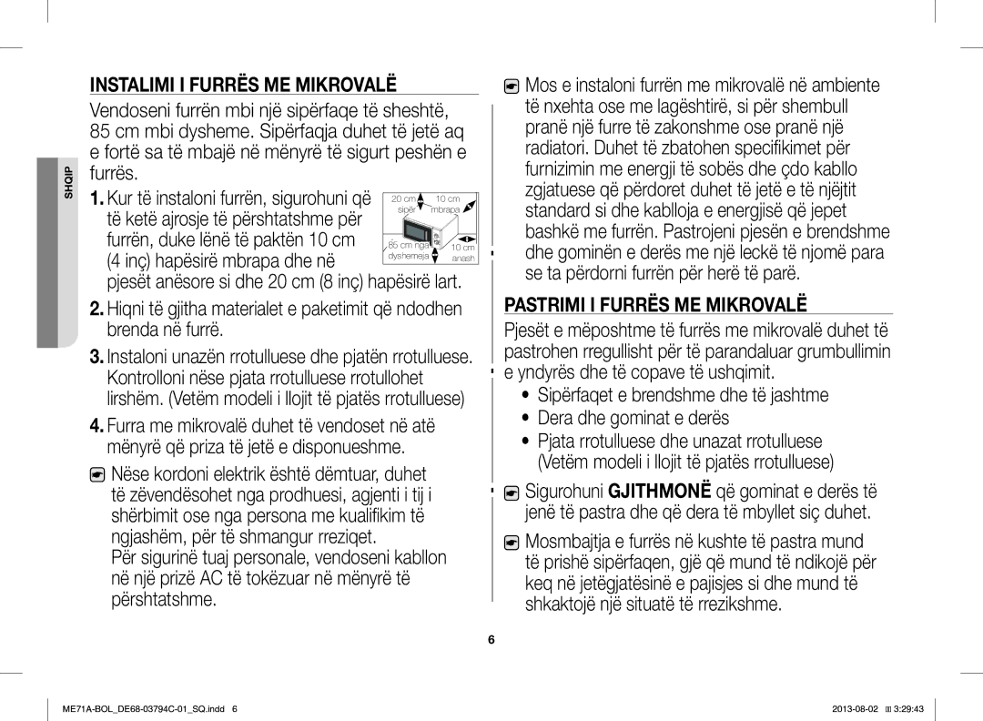 Samsung ME71A/BOL manual Inç hapësirë mbrapa dhe në, Pastrimi I Furrës ME Mikrovalë 