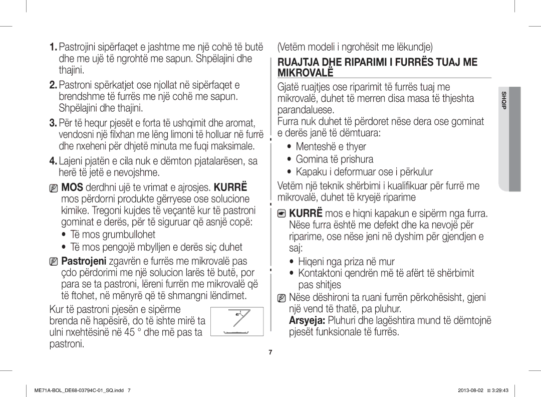 Samsung ME71A/BOL manual Të mos grumbullohet, Ruajtja DHE Riparimi I Furrës Tuaj ME Mikrovalë 