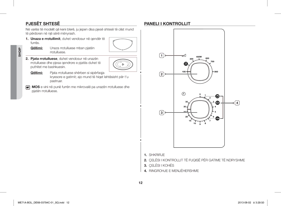 Samsung ME71A/BOL manual Pjesët Shtesë, Paneli I Kontrollit 