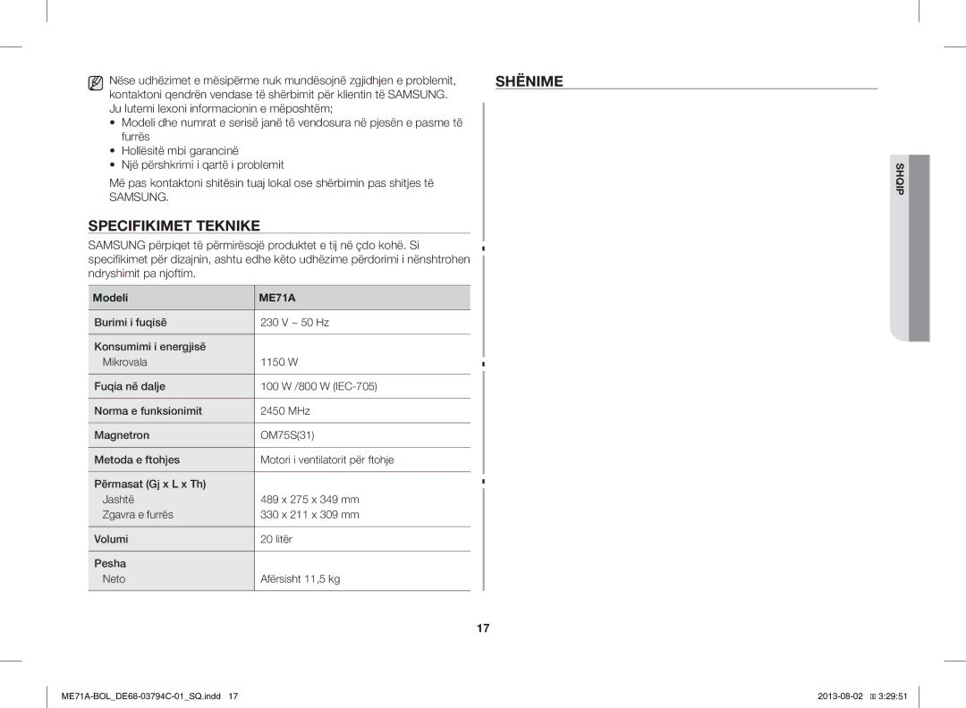 Samsung ME71A/BOL manual Shënime, Specifikimet Teknike, Modeli 