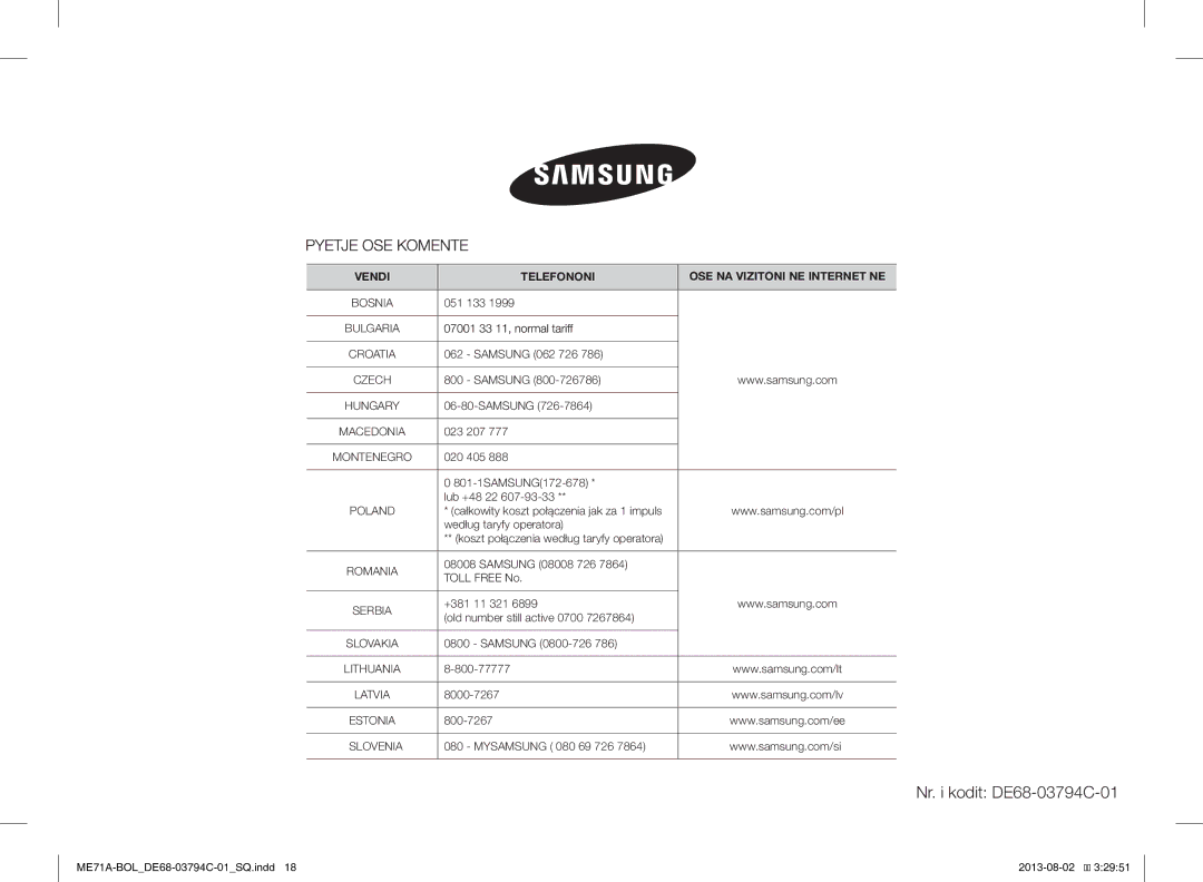 Samsung ME71A/BOL manual Nr. i kodit DE68-03794C-01 