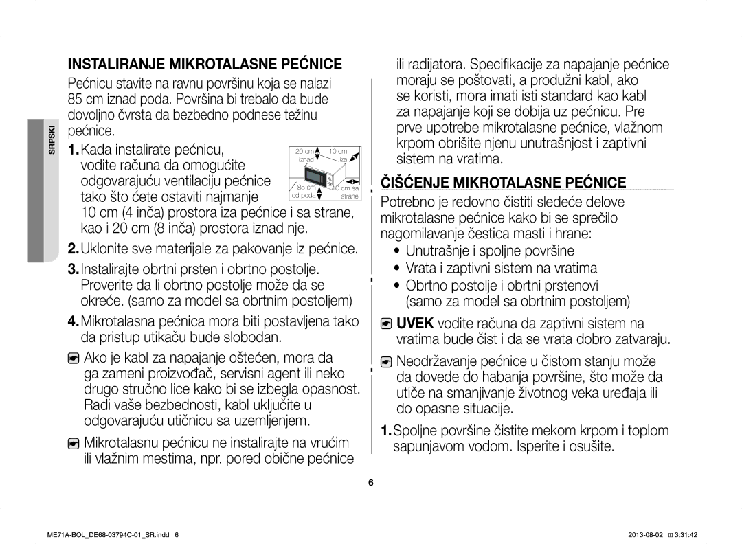 Samsung ME71A/BOL manual Vodite računa da omogućite, Tako što ćete ostaviti najmanje, Čišćenje Mikrotalasne Pećnice 