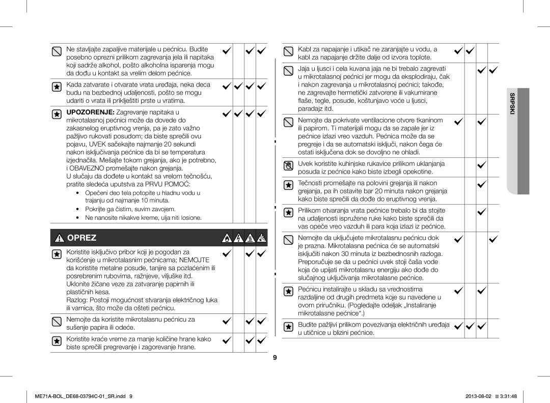 Samsung ME71A/BOL manual Oprez 