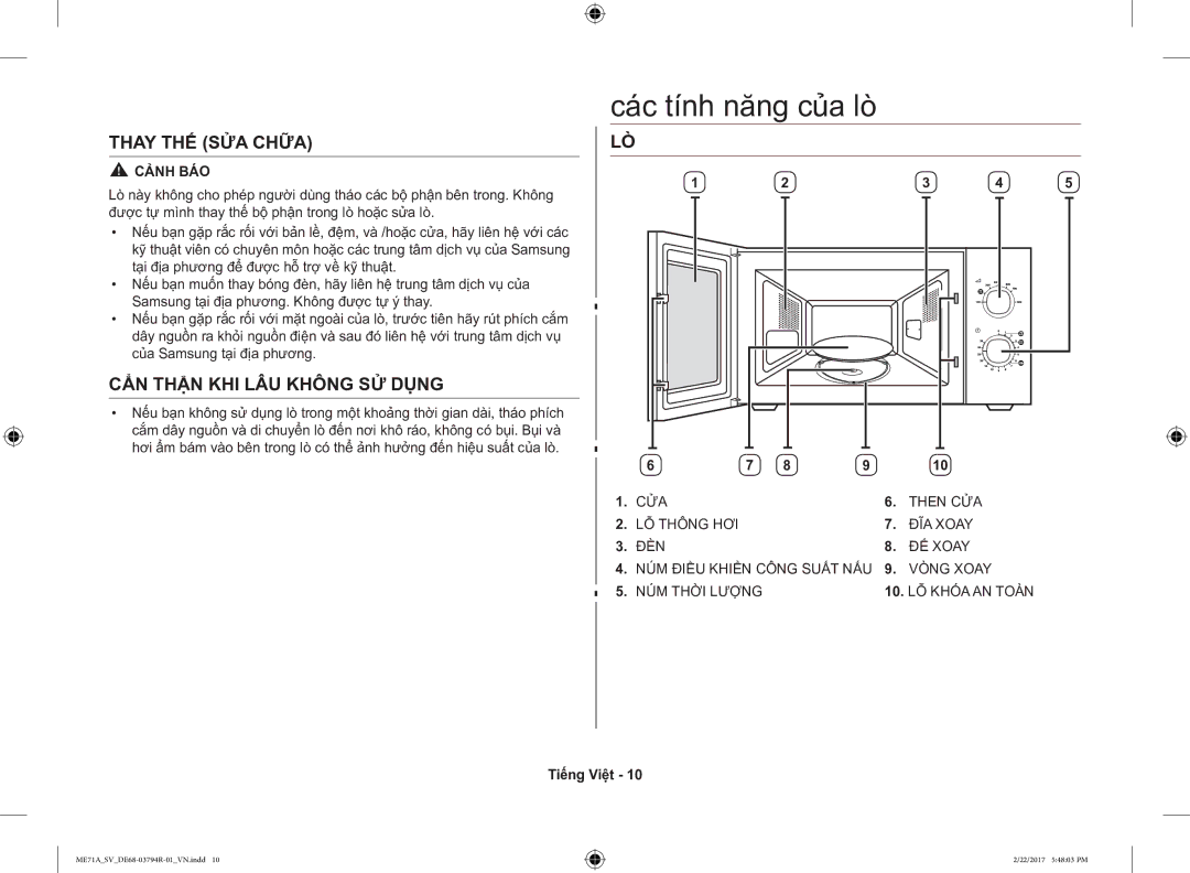 Samsung ME71A/SV manual Các tính năng của lò, Thay THẾ SỬA Chữa, CẨN Thận KHI LÂU Không SỬ Dụng 