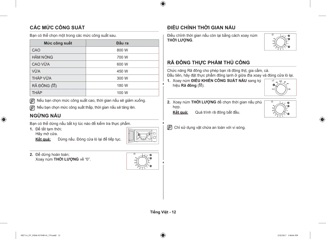 Samsung ME71A/SV manual CÁC MỨC Công Suất, Ngừng NẤU, Điều Chỉnh Thời Gian NẤU, RÃ Đông Thực Phẩm THỦ Công, Thời Lượng 