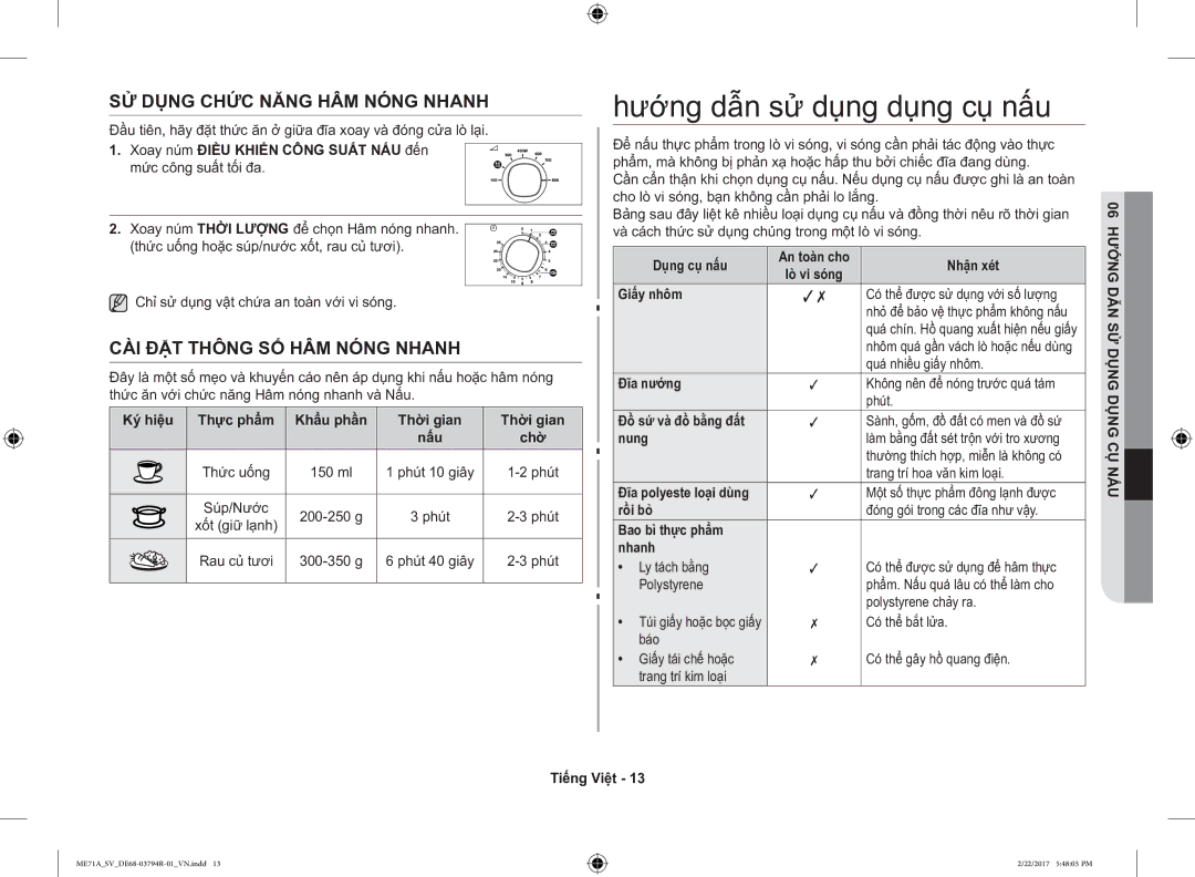 Samsung ME71A/SV manual Hướng dẫn sử dụng dụng cụ nấu, SỬ Dụng Chức Năng HÂM Nóng Nhanh, CÀI ĐẶT Thông SỐ HÂM Nóng Nhanh 