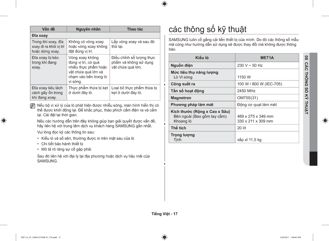 Samsung ME71A/SV manual Các thông số kỹ thuật 