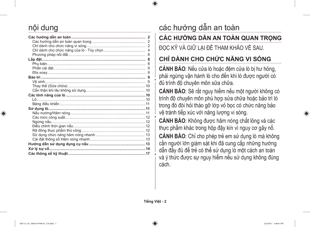 Samsung ME71A/SV manual Nội dung, Các hướng dẫn an toàn, Tiếng Việt 