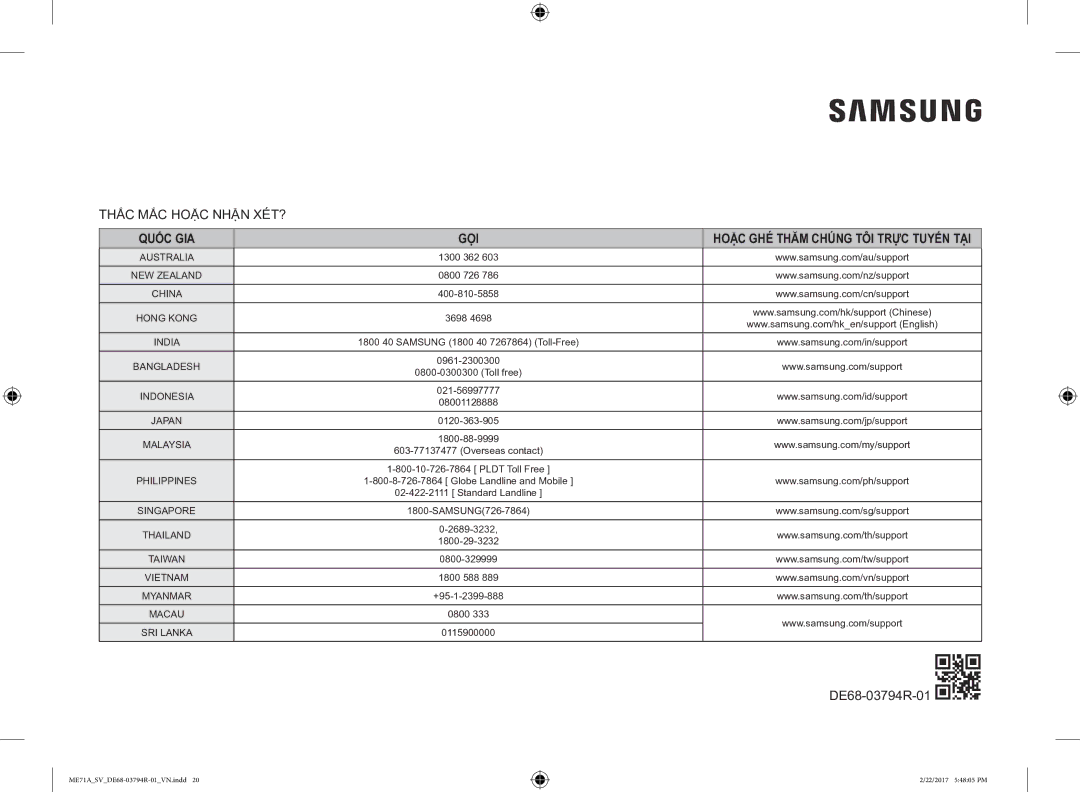 Samsung ME71A/SV manual Quốc GIA GỌI Hoặc GHÉ Thăm Chúng TÔI Trực Tuyến TẠI 