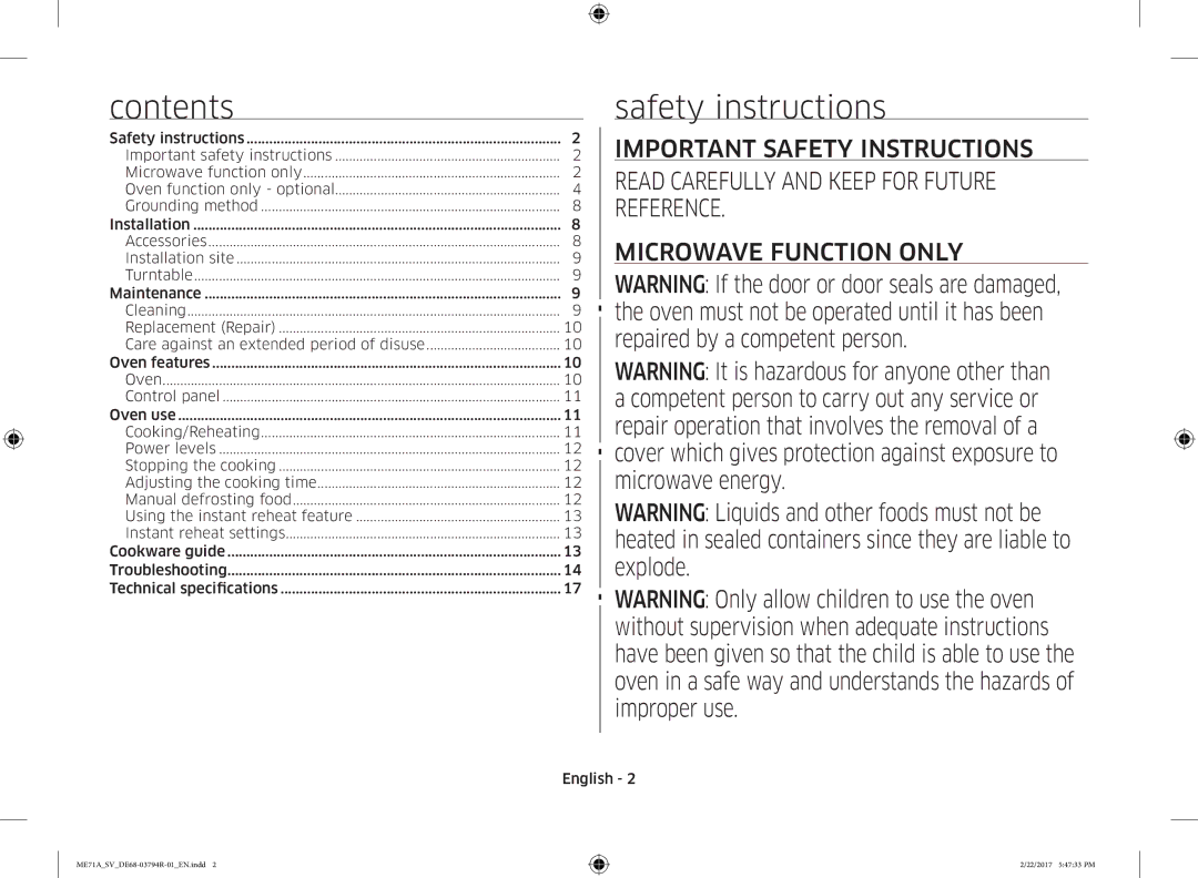 Samsung ME71A/SV manual Contents, Safety instructions 