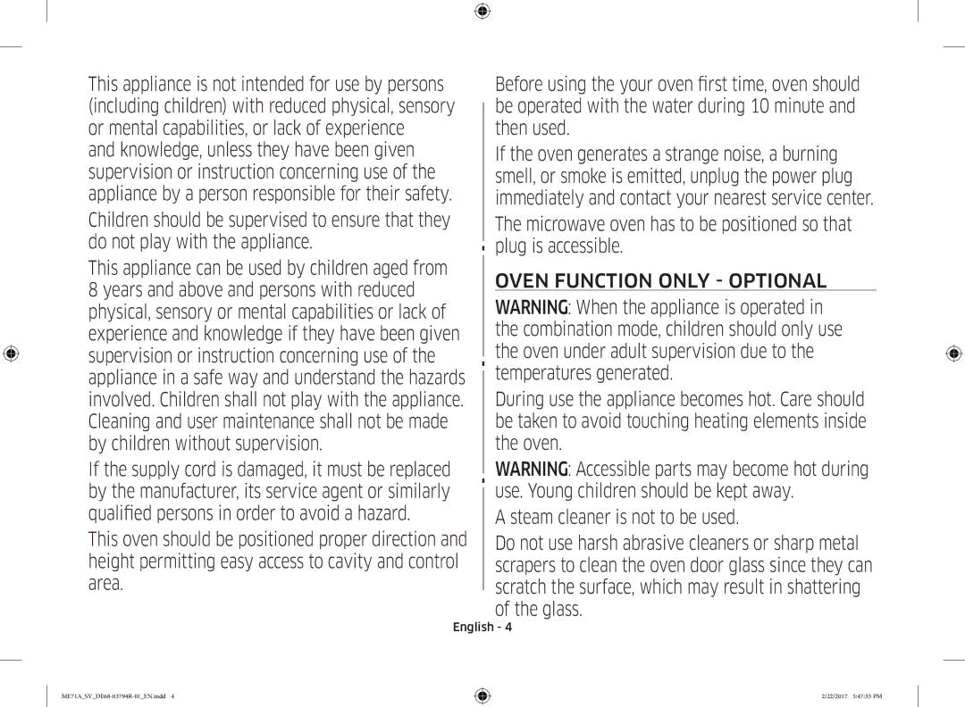 Samsung ME71A/SV manual Oven Function only Optional 