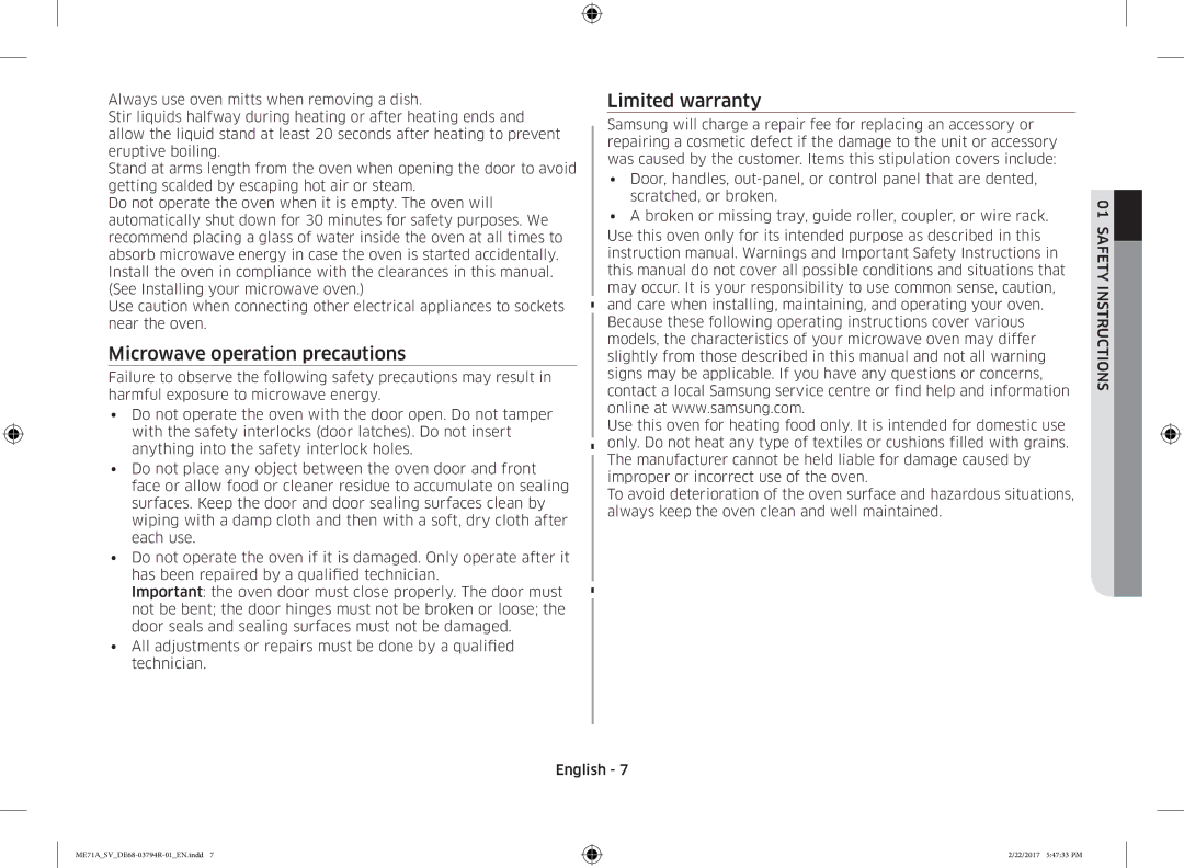 Samsung ME71A/SV manual Microwave operation precautions 