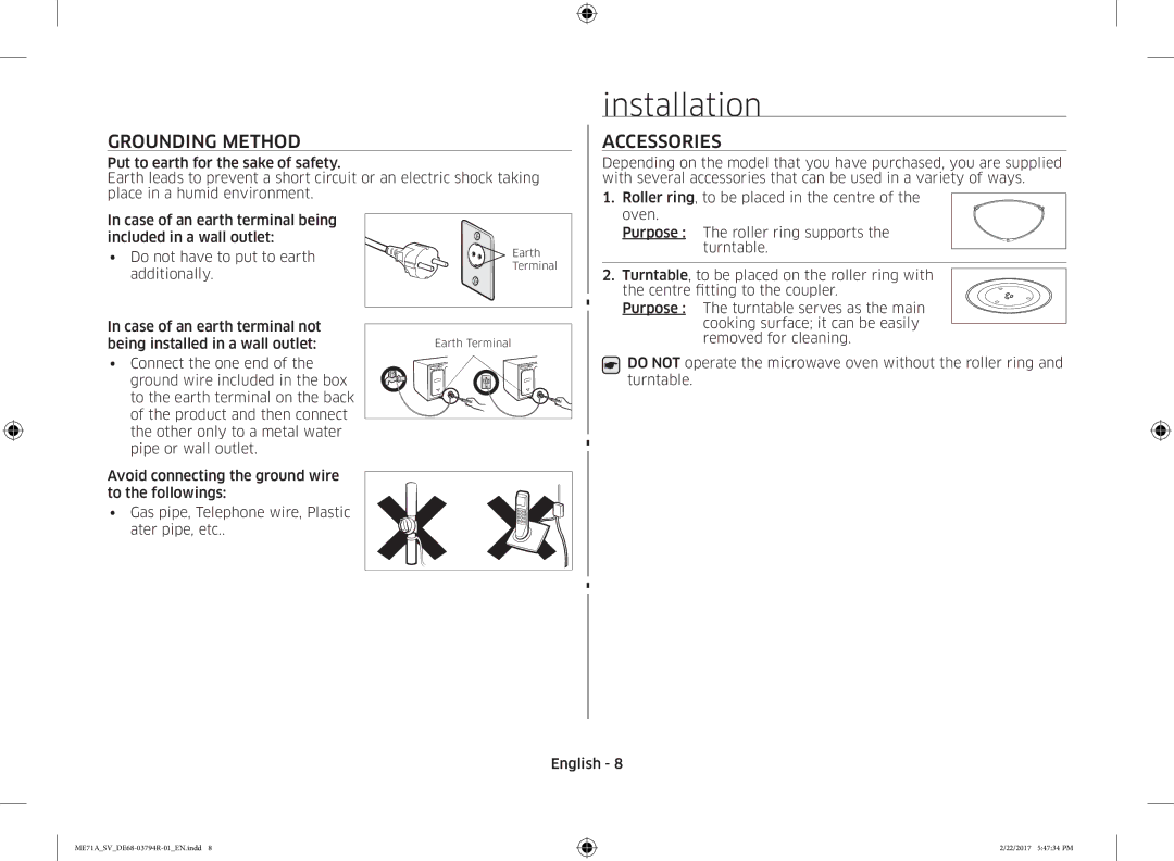 Samsung ME71A/SV manual Installation, Grounding Method, Accessories 