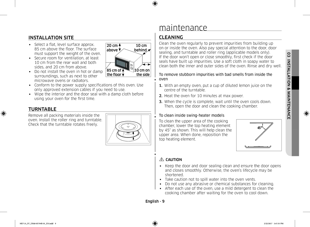 Samsung ME71A/SV manual Maintenance, Installation Site, Turntable, Cleaning 