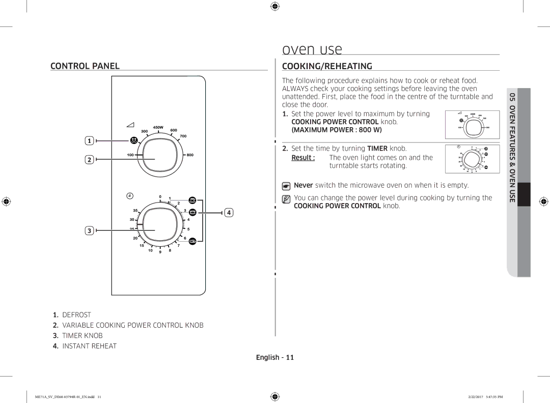 Samsung ME71A/SV manual Oven use, Control Panel COOKING/REHEATING 