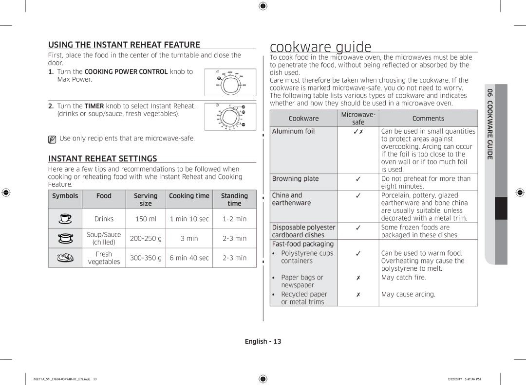 Samsung ME71A/SV manual Cookware guide, Using the Instant Reheat Feature, Instant Reheat Settings 