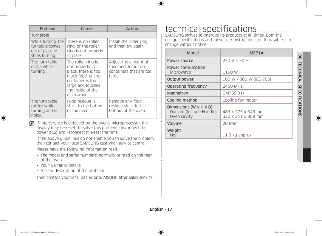 Samsung ME71A/SV manual Technical specifications 