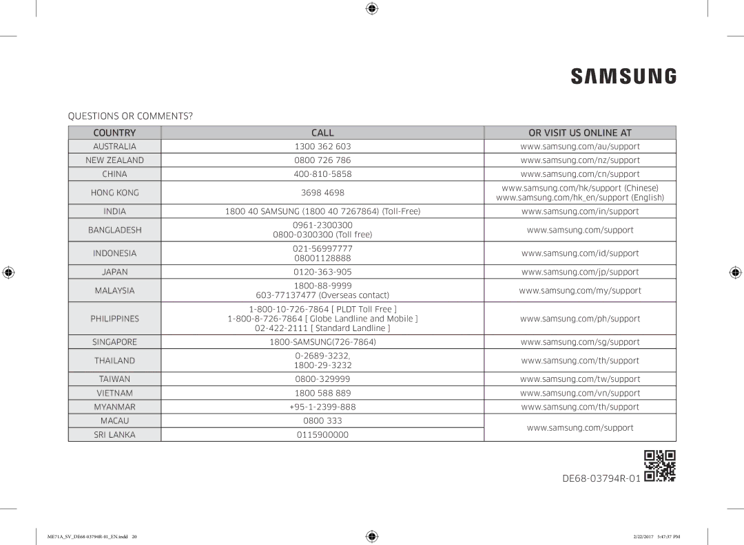 Samsung ME71A/SV manual Questions or COMMENTS? Country Call Or Visit US Online AT 