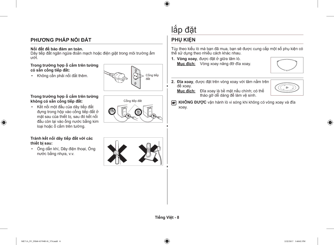 Samsung ME71A/SV manual Lắp đặt, Phương Pháp NỐI ĐẤT, PHỤ Kiện 